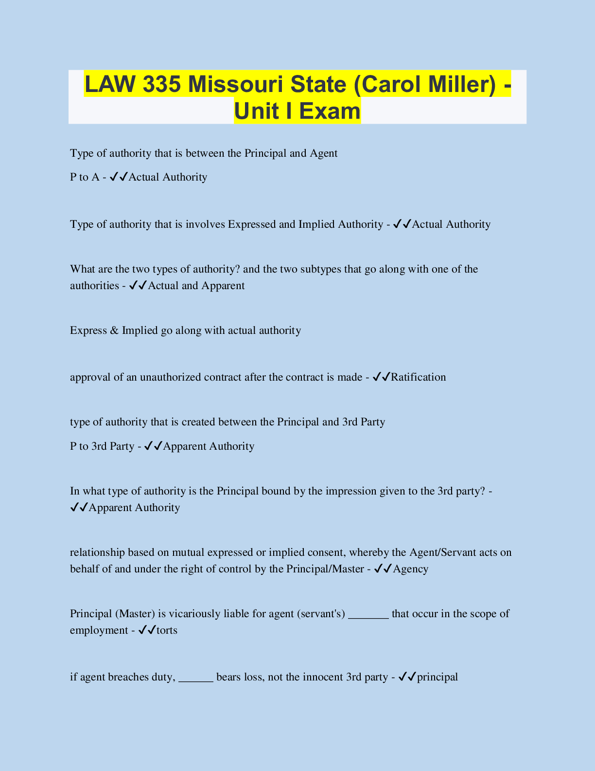 LAW 335 Missouri State (Carol Miller) Unit I Exam 115 Questions